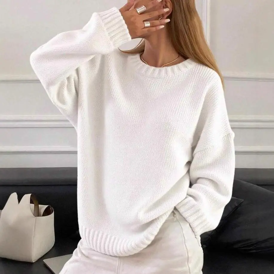 Thiened Pure Color Strickpullover Long Sve Round Ne Pullover Damen Street Sle Herbst Winter Lazy Faion Top