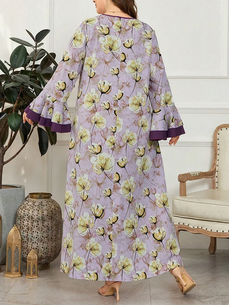 GIBSIE Plus Size Floral Print Flared Sleeve Dress Women 2026 Spring New Button Detail Vintage Loose Maxi Long Dresses Woman