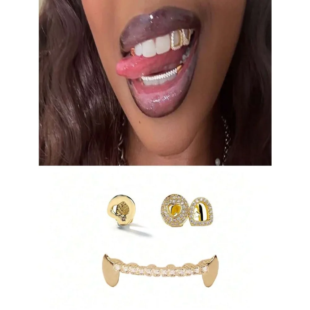 

1 Set Hollow Heart Zirconia Combination Fang Tooth Zirconia Fang Tooth Decor, Unisex Hip Hop Accessories, Carnival Decoration