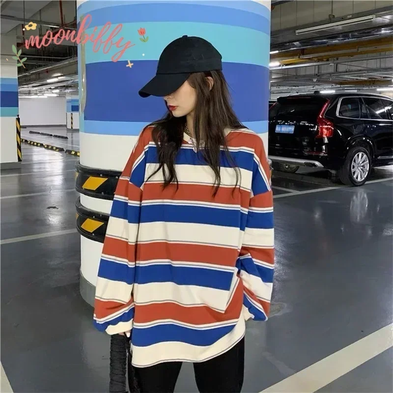 Sudadera con capucha a rayas de gran tamaño para mujer, jerséis Harajuku, moda coreana, Tops de manga larga a juego para parejas, ropa de calle de