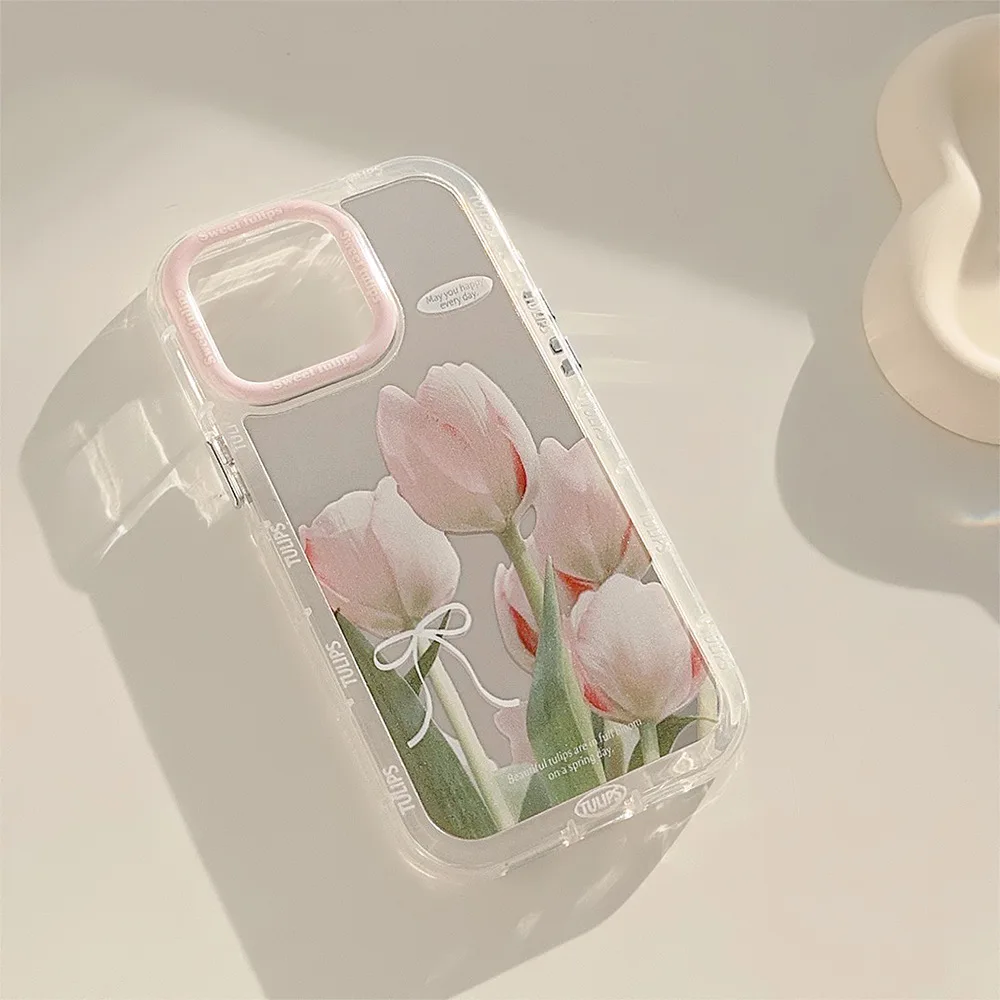 Mirror-friendly Case, Pink and White Tulips, Fresh Design, Fall for iPhone 13, 12Pro, 11 Protection, 16, 15, 14Pro Max