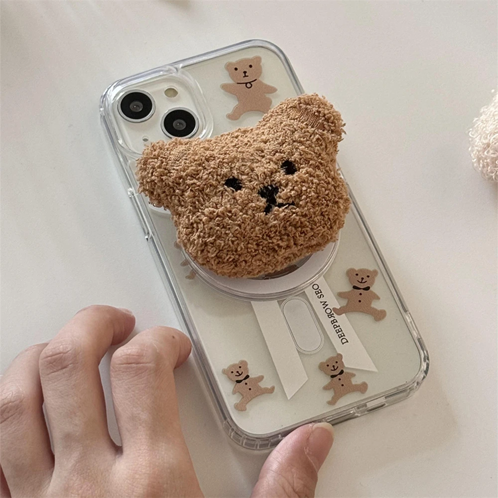 Cute 3D Plush Bear Magnetic Holder For Magsafe Wireless Charge Phone Case For iphone 16 15 14 12 13 11Pro Max Bowknot Soft Cover