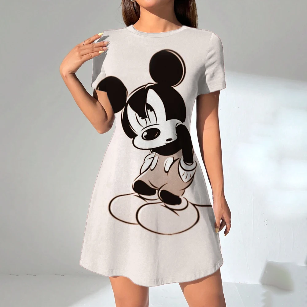 ผู้หญิงฤดูร้อนสบายๆ Disney Mickey Mouse พิมพ์หลวมคอกลมขนาดใหญ่แขนสั้นเสื้อยืดชุด