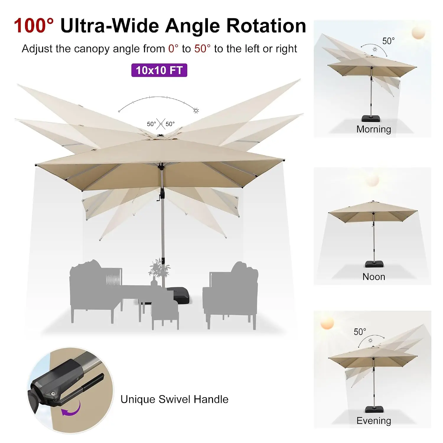 Patio Umbrella with Base 10' x 10' Left-right Tilting Beige | Shade at Every Angle Left-right Tilt, 5 Adjustable, Customized