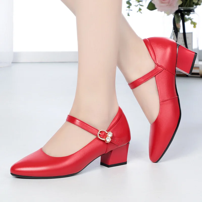 2025 Women Shoes Mid Heel  Spring Genuine Leather Women Commuter Shoes Round Toe Shallow Mouth Large Size 41 42 43