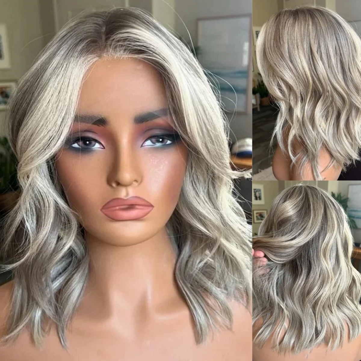 

Женский парик Ombre Платиновый блондин Парик с бахромой Модный короткий парик с естественной волной Теплый синтетический парик с кружевным верхом Бесклеевой повседневный парик для косплея