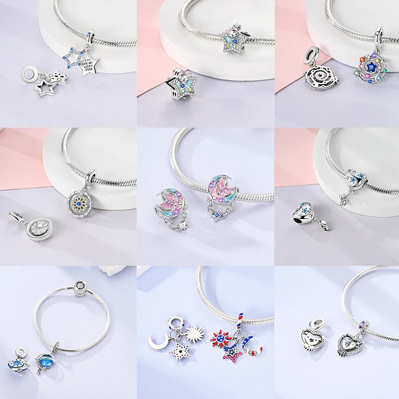 925 Sterling Silber Sonne Sternenhimmel Charms Serie Gold Sonne Sterne Mond Anhänger Passend für Armband DIY Schmuck Original Mode für Frauen – Detail 4