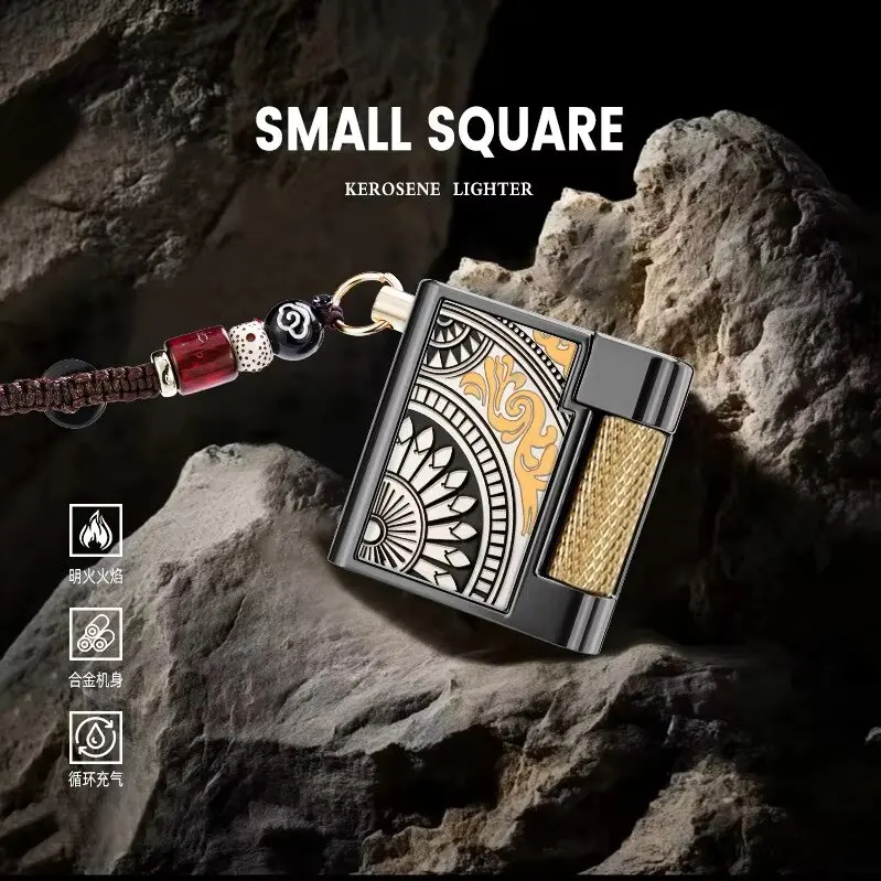 New small High-value Retro Square Lighter, Wheel Flint Open Flame, Keychain Pendant