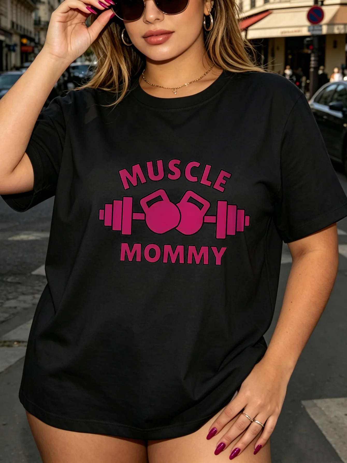 Women Crew Neck Tee Muscle Mommy Fitness Graphic Print Short Sleeve Loose Ladies Summer Soft Cotton Plus Size Casual Street Top