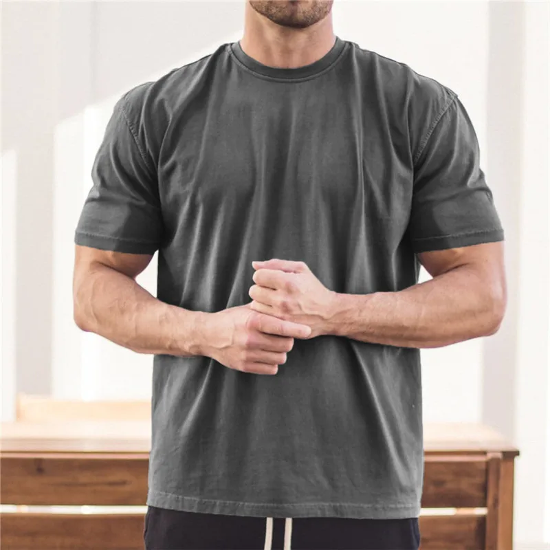 2022 New Men Gym Workout Fitness cotton Short Sleeve T-shirt Hip Hop Fitness Summer Oversized Bodybuilding Tops Sports Tees