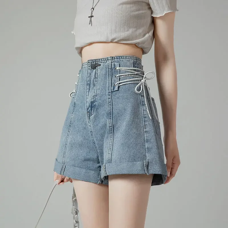 Korean Fashion Summer Demin Shorts Women Drawstring Hem High Waist Short Jeans Woman Streetwear Wide-Legged Short Pants Female