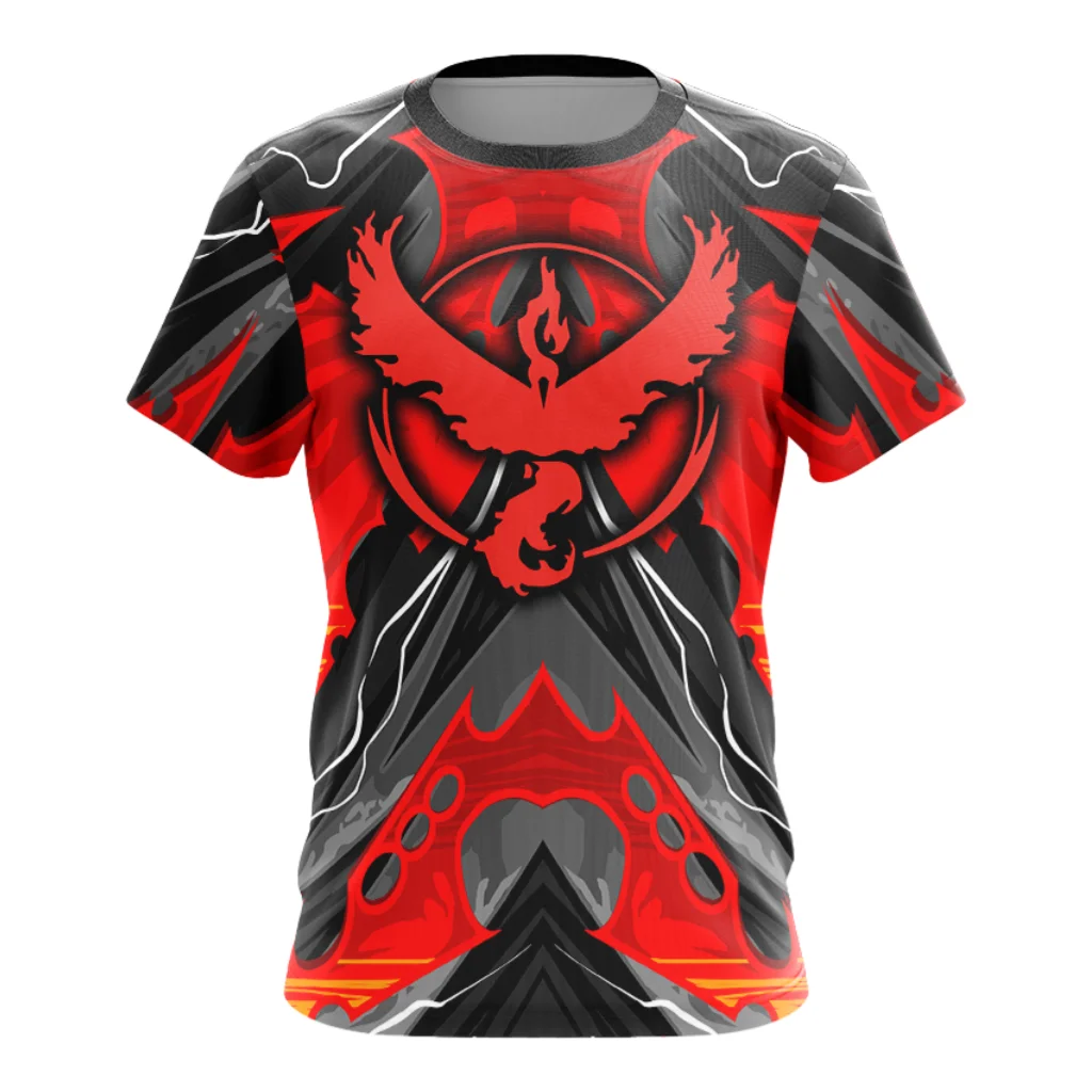 Camiseta Athleisure Potdemiel Pokémon Go Team Valor Moltres com Estampa Total para Adultos e Crianças, Família, Verão, Secagem Rápida, Macia e Leve