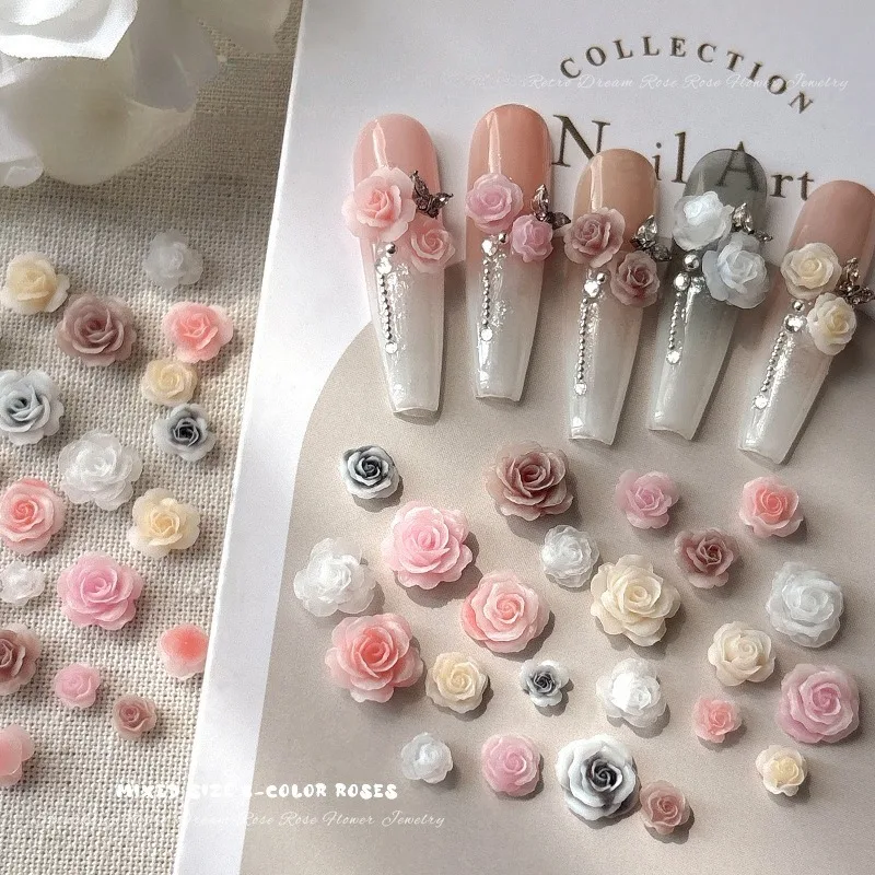 50PCS 3D Mix Sizes Beautiful Blossoming Rose Flowers Resin Adhesive Nail Art Rhinestones Decorations Manicure Kawaii Charms