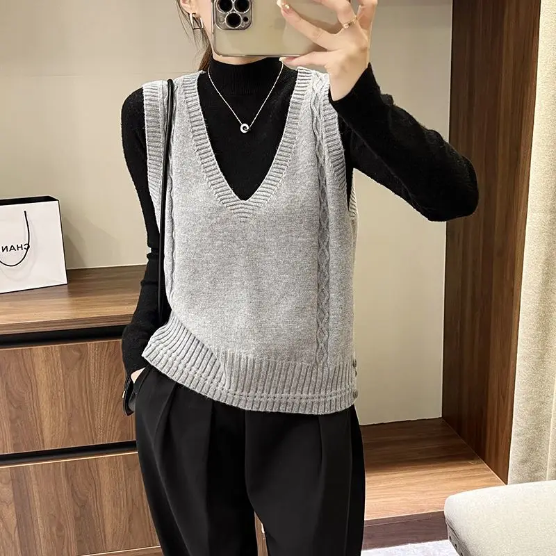 Loose Sweater Vests Women Solid Twist Knitting V-neck All-match Gentle Daily Chic Female Autumn Winter Tops Basic Literary Mujer