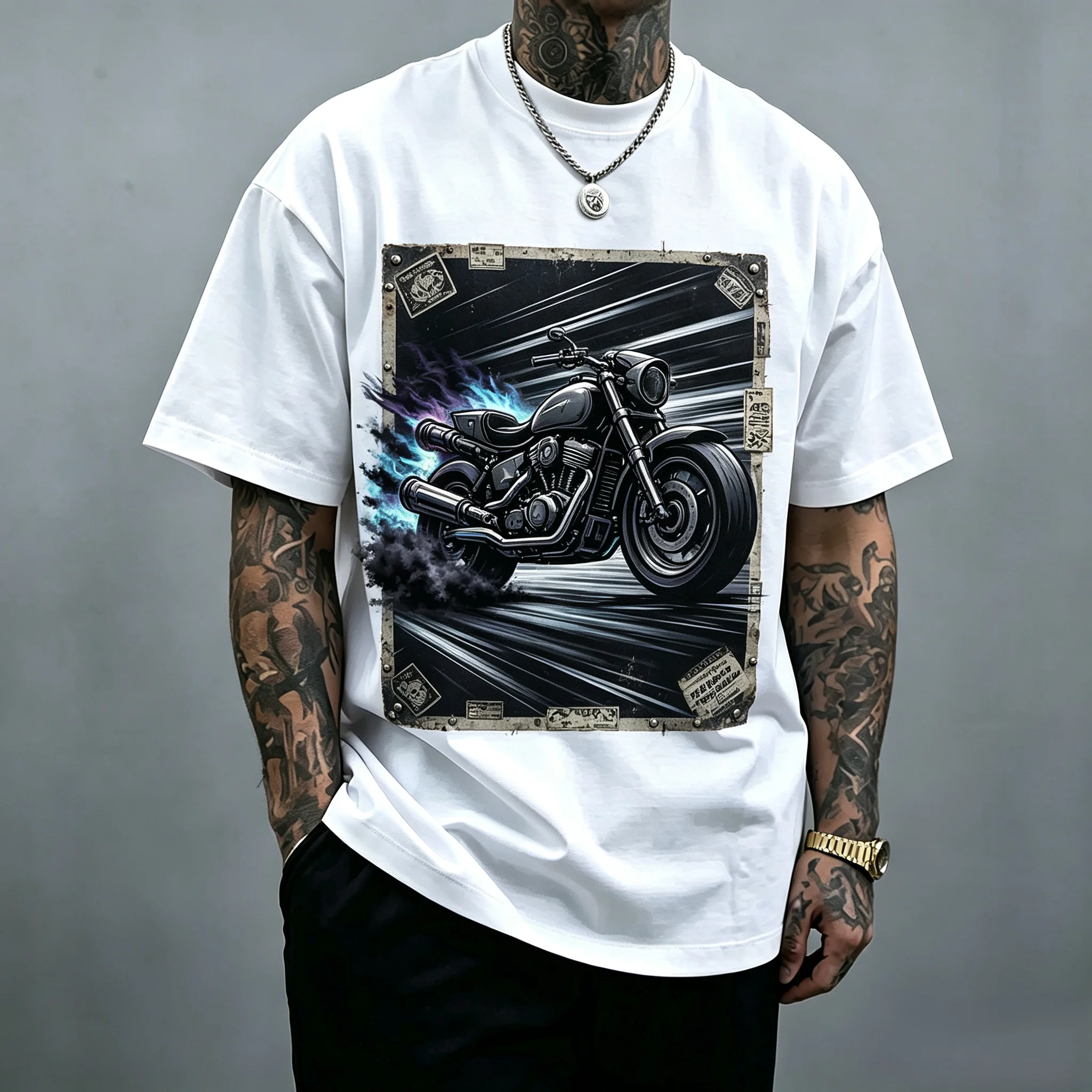 Vintage Tin Frame Black Motorcycle Speed Motion Purple Blue Smoke Graphic T Shirt Unisex Men Women Oversized Front Print Retro Cruiser Biker Streetwear Casual Tops