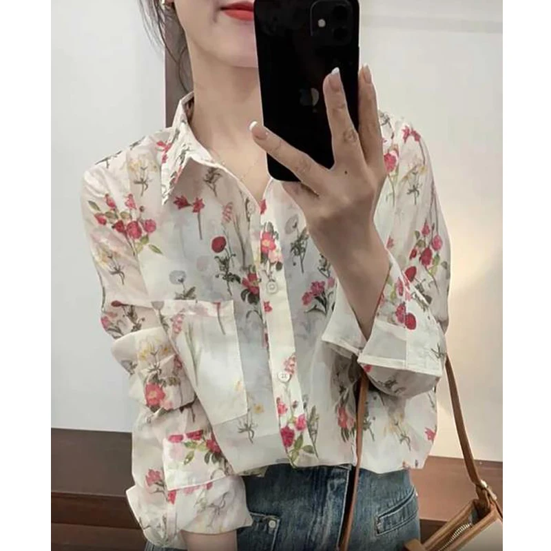 Women Stylish Vintage Floral Print Button Up Shirt Lapel Long Sleeve Loose Blouse Spring Summer Casual Pocket Chic Tops Camisas