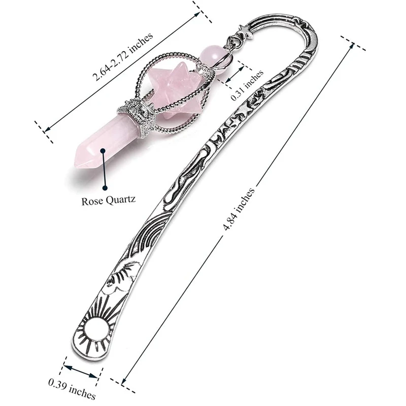 Vintage Silver Metal Bookmarks for Women Amethyst Rose Quartz Crystal Points Merkaba Star Pendant Bookmarks for Girl