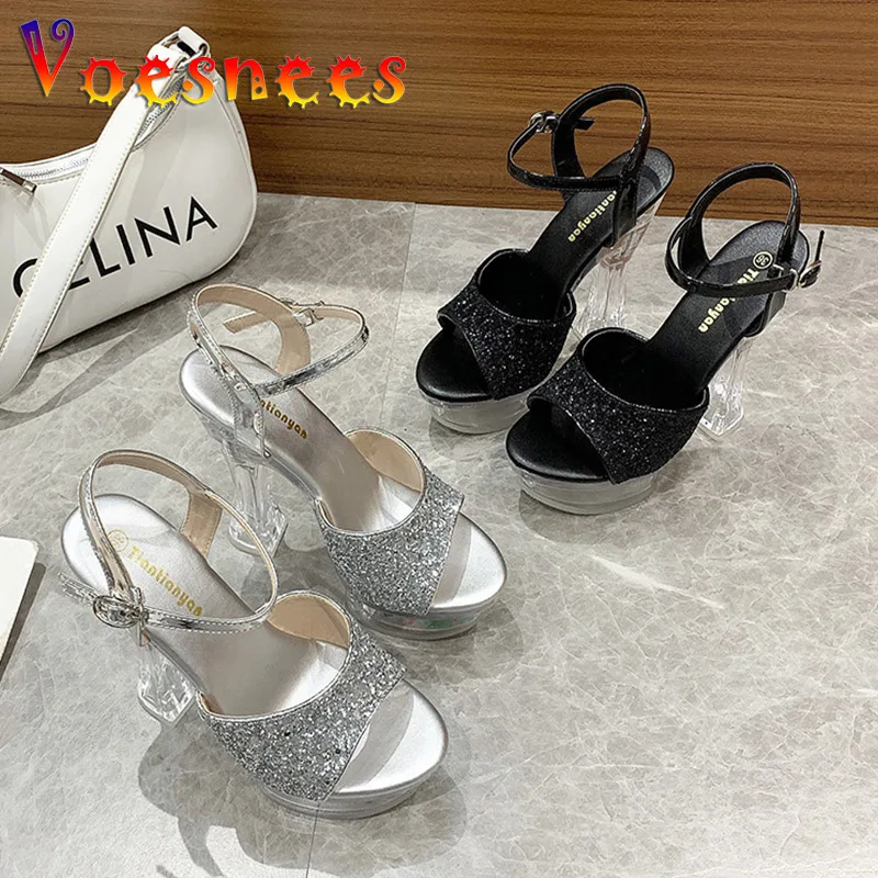 New Women Sandals Summer Transparent Petal Platforms Wedding High Heels Fashion Bridal Glitter Silvery Crystal Square Heel Shoes