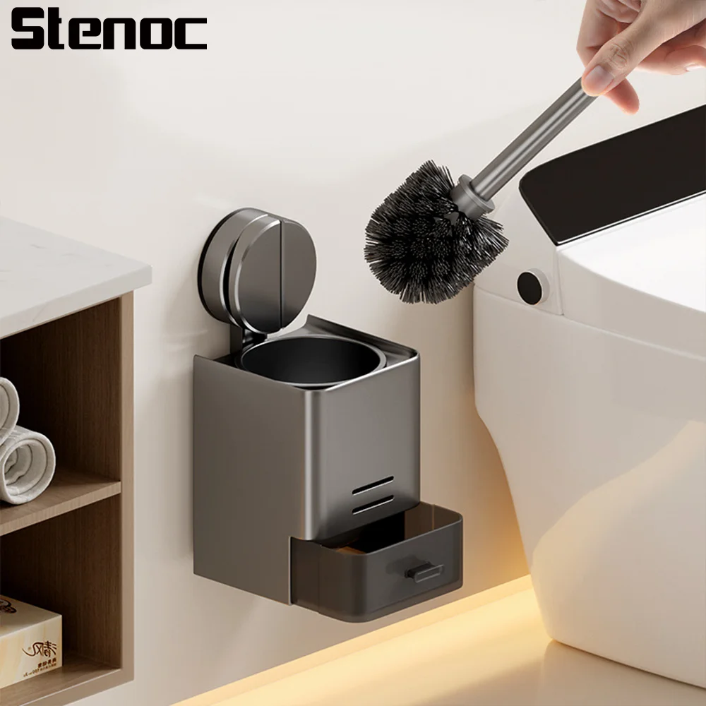 Grey/White Suction Cup Toilet Brush Wall Mounted Space Aluminum Bathroom Toilet Brush Holder Cleaning Tools Bathroom Accessories