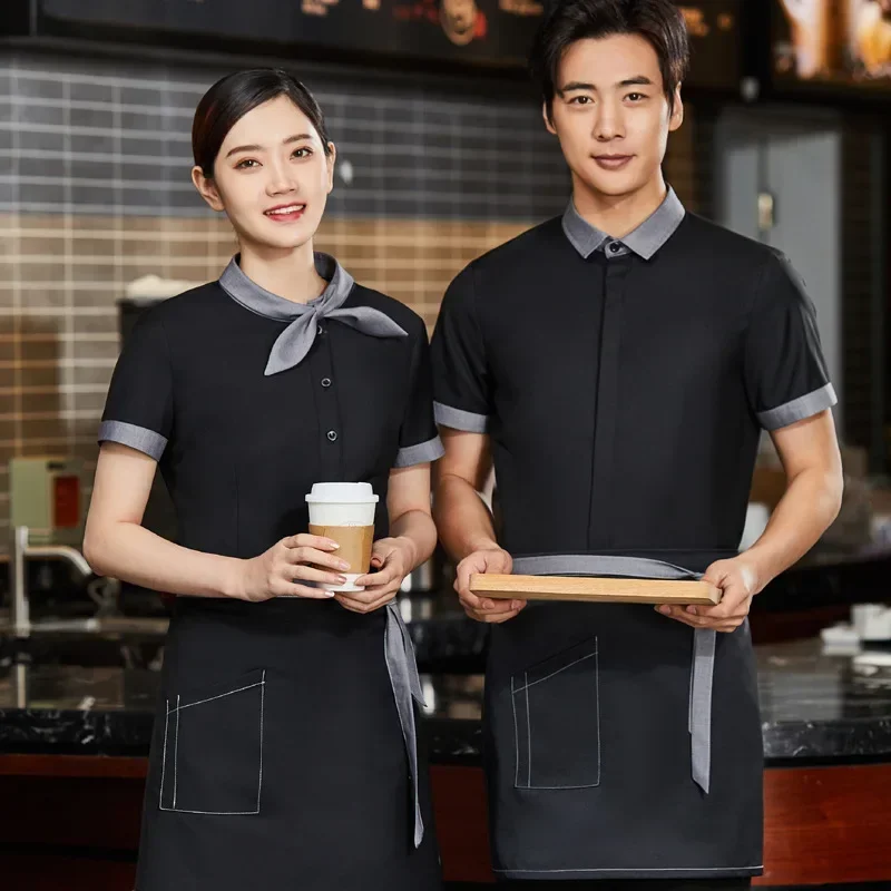 Summer Waiter Work Clothes Tea House Restaurant Waiter Uniforms Short Sleeve Coffee Shop Hot Pot Fast Food Waiter Overalls