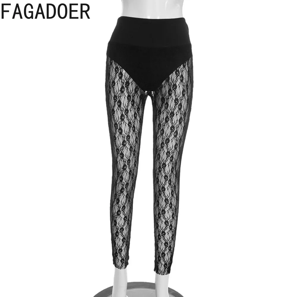 FAGADOER Sexy Lace Patchwork Bodycon Pants Women Solid Color Hollow-out See Through Pants Female Streetwear Bottoms Spring New