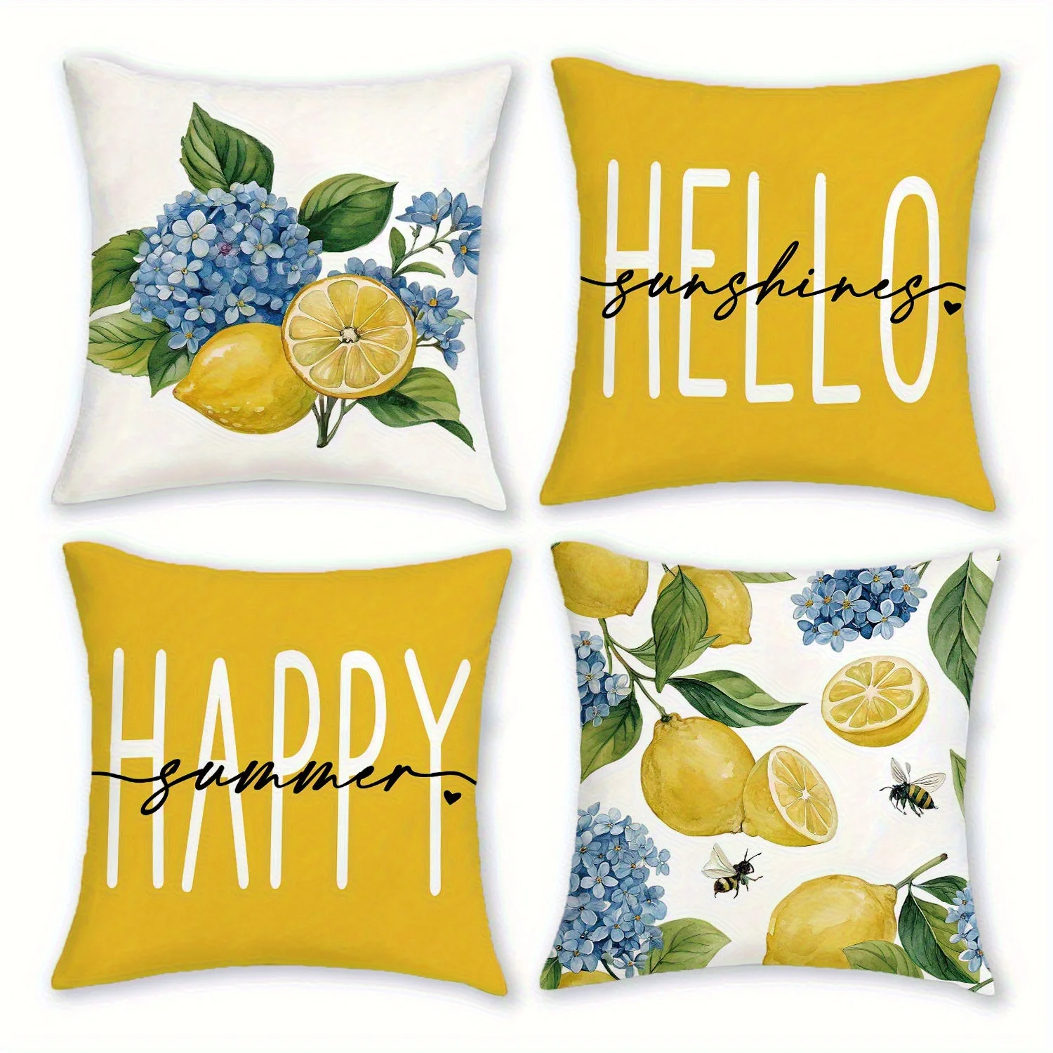 4 Piece Summer Sunshine Floral Pillow Covers Decorative Throw Pillows Lemon Hydrangea Print Boho Beach Nautical Accent Shams
