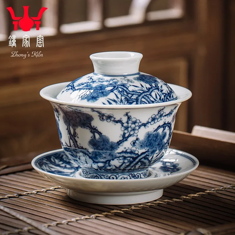 

Zhongjia Kiln Tureen Single Jingdezhen Handmade Wood Kiln Blue and White Gaiwan Tureen Large Size Pine, Bamboo, Wintersweet Tea