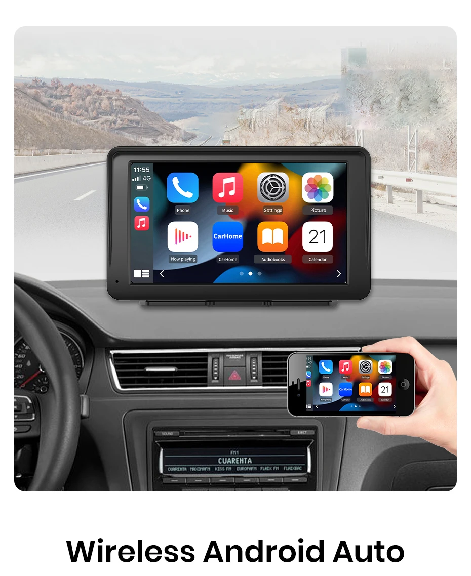 Junsun 7-Zoll tragbarer Touchscreen Carplay für Apple Android Auto Auto Stereo Radio Multimedia Video Player Bluetooth FM AUX GPS – Detail 5
