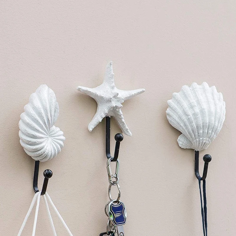 3Pcs Resin Clothes Hook Mediterranean Style Hooks Resin Scallop Conch Clothes Hooks Sea Star Decor Wall Mounted Hanger