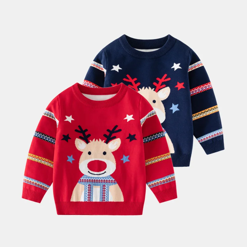 

Christmas Print Children's Sweater 2025 New Year's Costume Full Sleeve O Neck Casual Soft Knitted Jumpers Warm Pullover Top Xmas