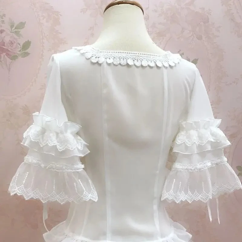 Elegant Y2K Vintage Lolita Style Blouses Women Square Neck Lace Half Flare Sleeve Shirt Female Sweet Fashion Button Tops New view 5