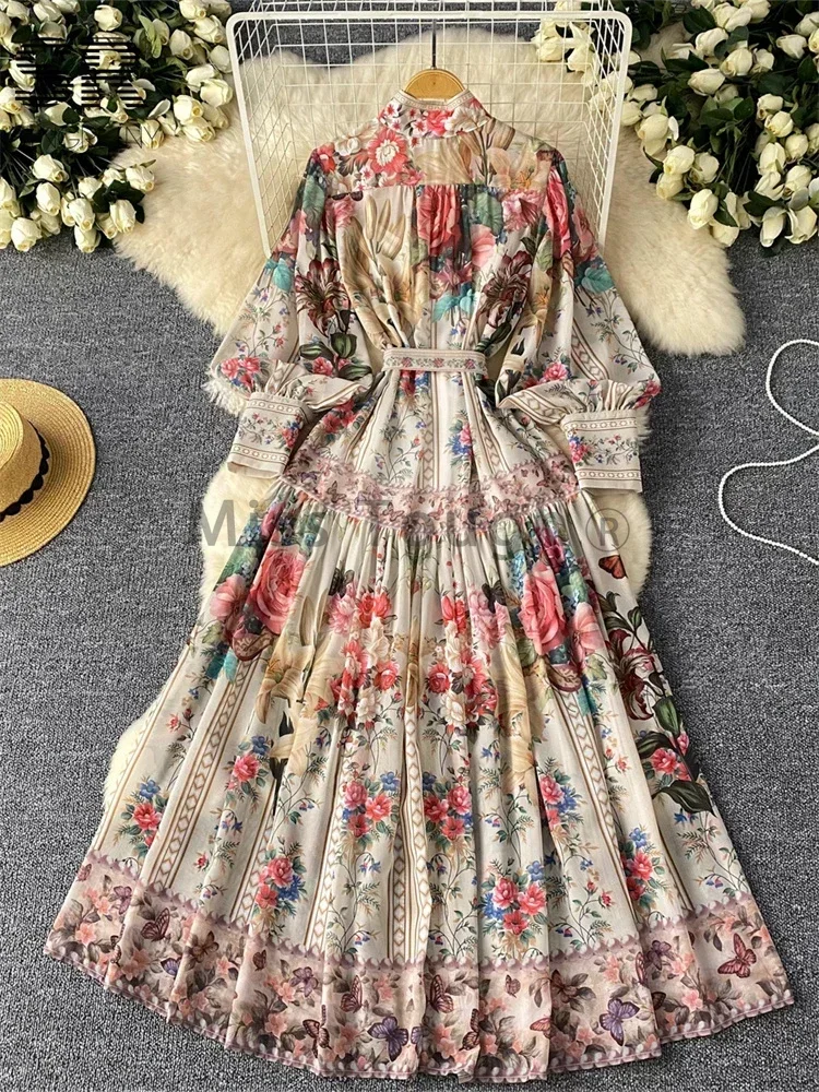 France Fashion Vintage Senior Print Dress Women Lantern Sleeve Single Breasted Ladies Clothes Elegant Lace Up New Design Dress