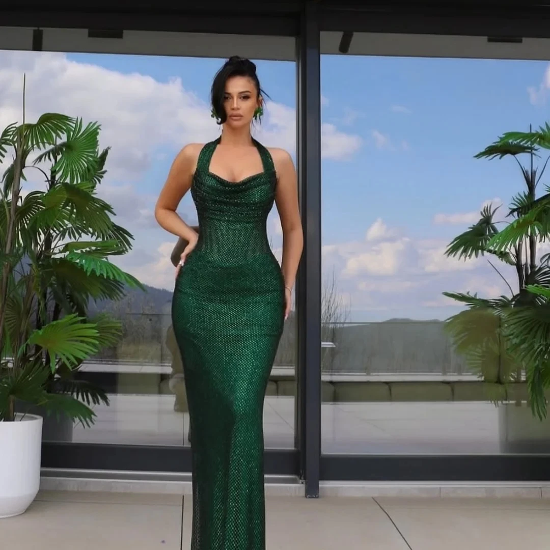 

Green Halter Party Long Bespoke Occasion Gown Evening Dresses Pastrol Unisex Jersey Retro Dubai Saudi Arabic Prom Customized