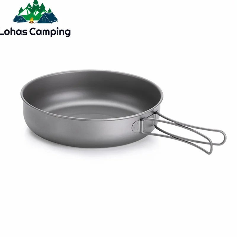 Lohascamping panci penggorengan, peralatan masak piknik berkemah Titanium ultra-ringan dengan pegangan dapat dilipat, peralatan makan memasak luar ruangan