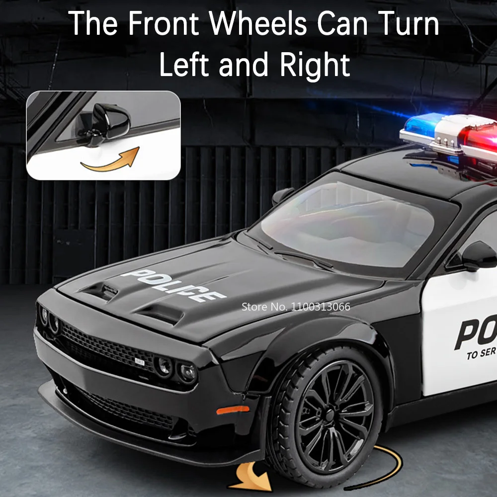 1:22 Alloy Diecast Challenger SRT Hellcat Police Cars Model Toys Demon Eyes 4 Doors Opened with Sound Light Toy Vehicle for Boys