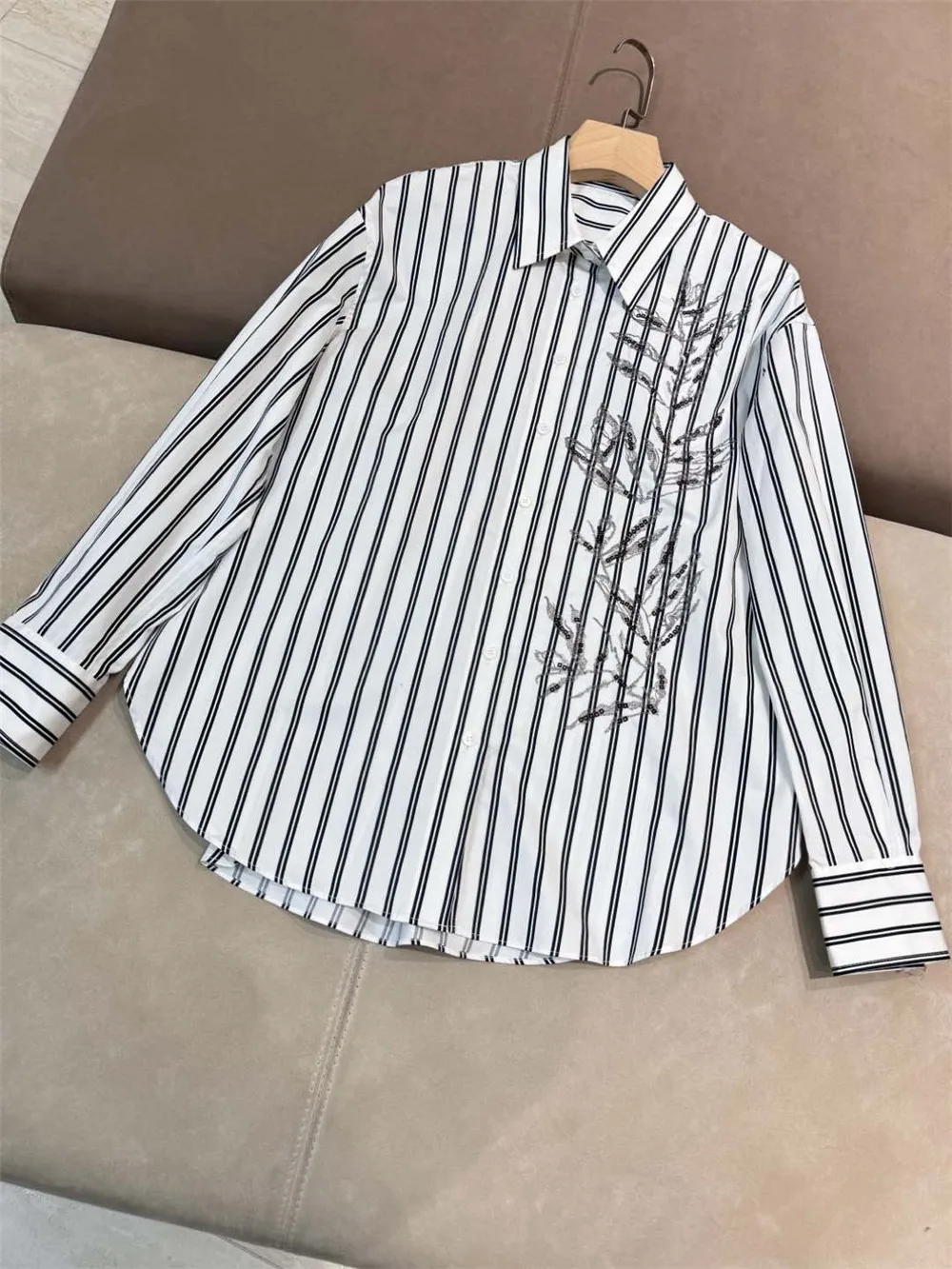 2025 Spring Summer Women's Striped Cotton Shirt Sequined Embroidered Long Sleeve Casual Blouse