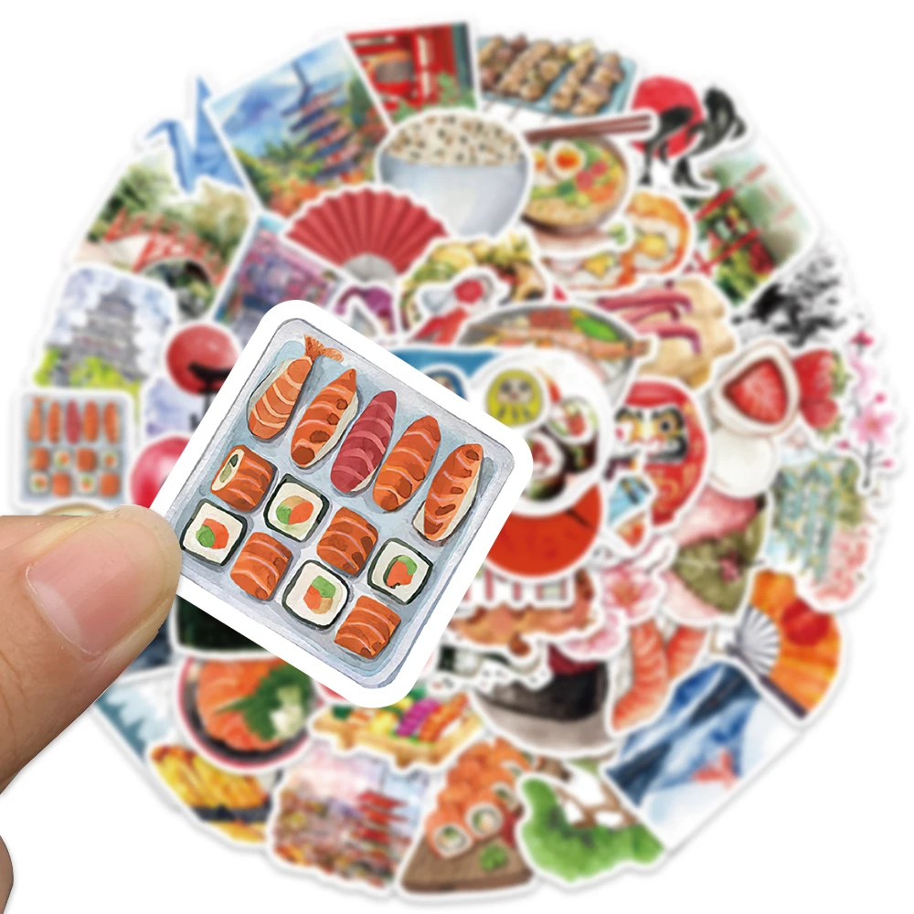 64PCS Watercolor Japan Travel Cartoon Sushi Graffiti DIY Sticker Phone Guitar Laptop Notebook Suitcase Cup Waterproof Sticker
