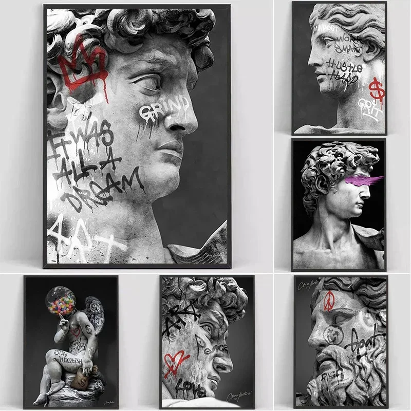 Statua Dawida Graffiti Art Canvas Painting David Head Sculpture Posters and Prints Street Wall Art Pictures for Room Decor