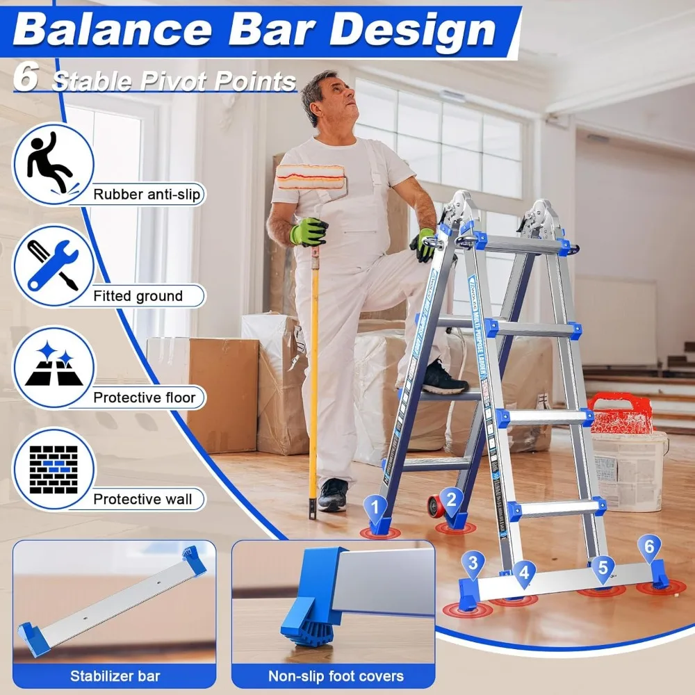 سلم تمديد قابل للطي بطول 14 قدمًا مع عجلات ومثبت لقدرة تحميل 330 رطل #3