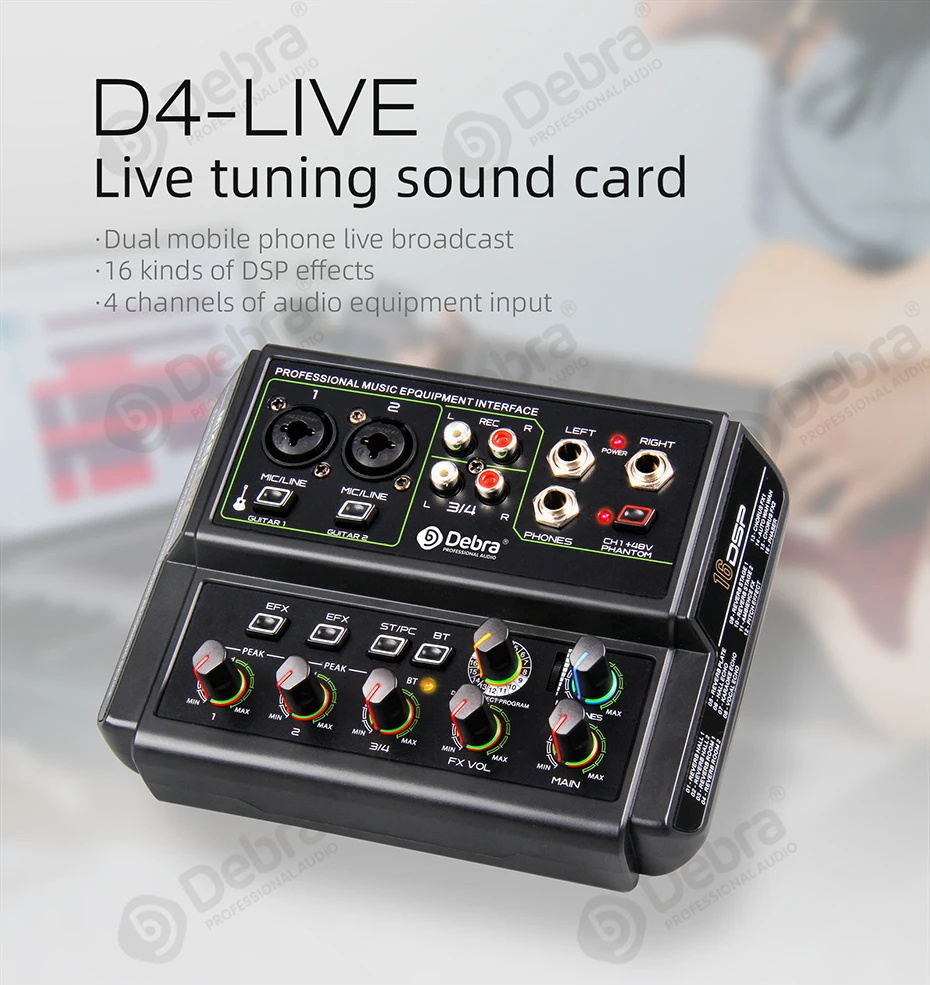 Debra D4-LIVE 4-Channel Audio Sound Card Mixer With 16DSP Reverb Effect Compatible With PC Recording & Phone for Live Streaming