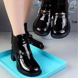 Women Patent Leather Short Boots Autumn New Fashion Round Head Shoes Side Zip Non-slip Comfortable High Heels Botas Femininos