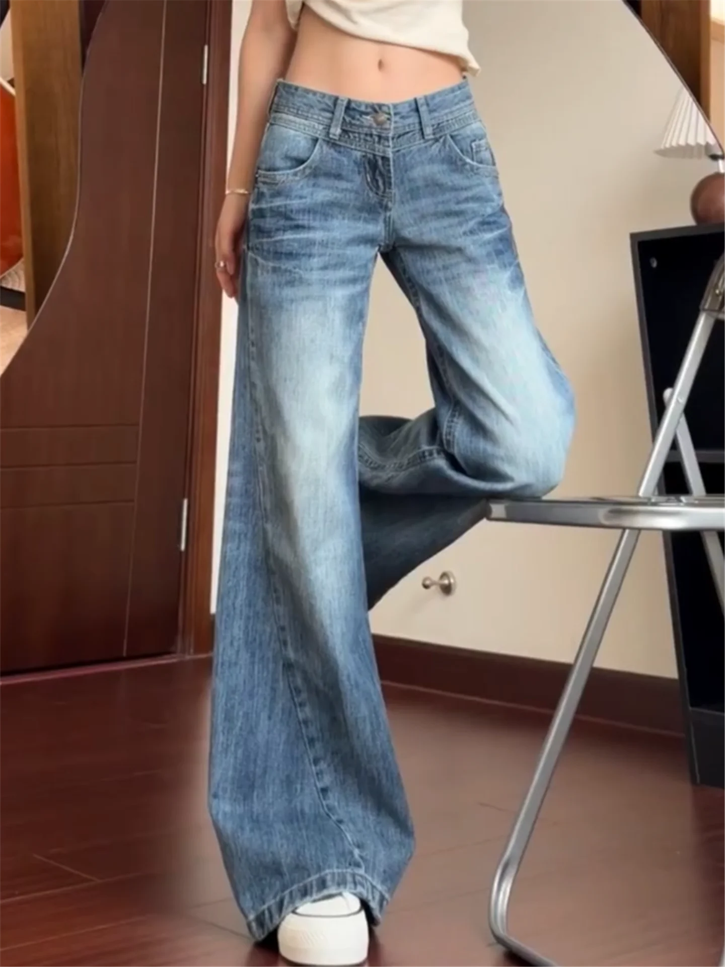 

Retro American Vibe Low Waist Wide Leg Blue Jeans Women's Loose Drapey Tall Extended Floor Length Pants Spring Cotton Denim