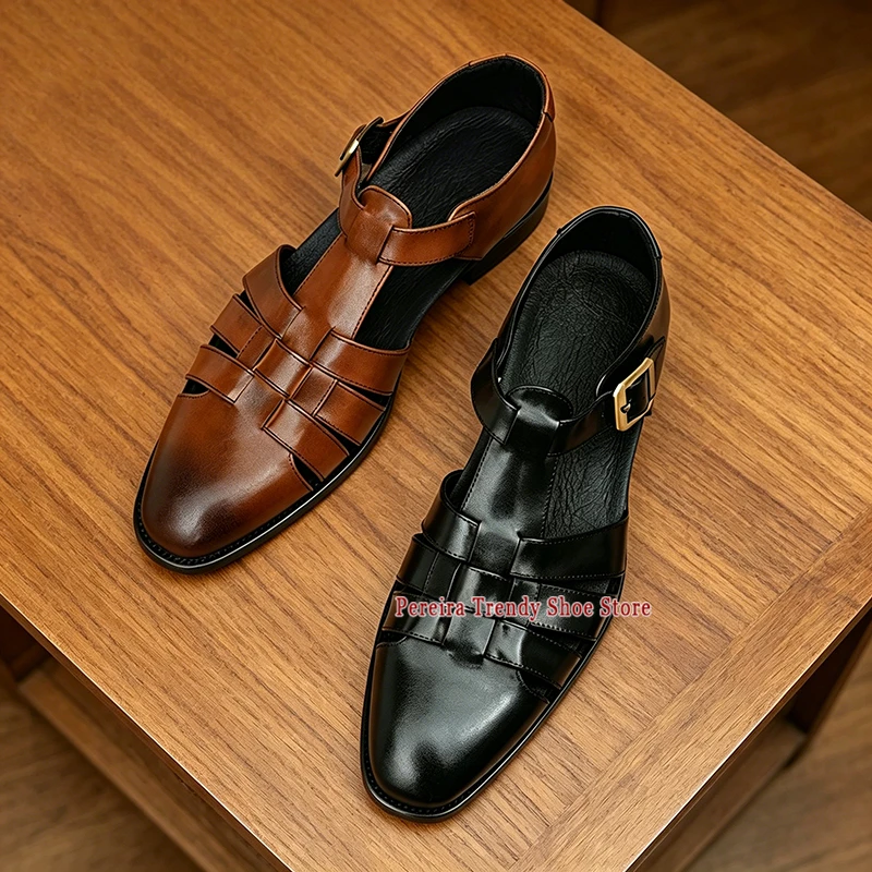 

Trendy Retro Pointed Toe Slip-On Casual Shoes for Men Black Brown Cowhide Weaving Design Sandals Summer Breathable Beach Shoes