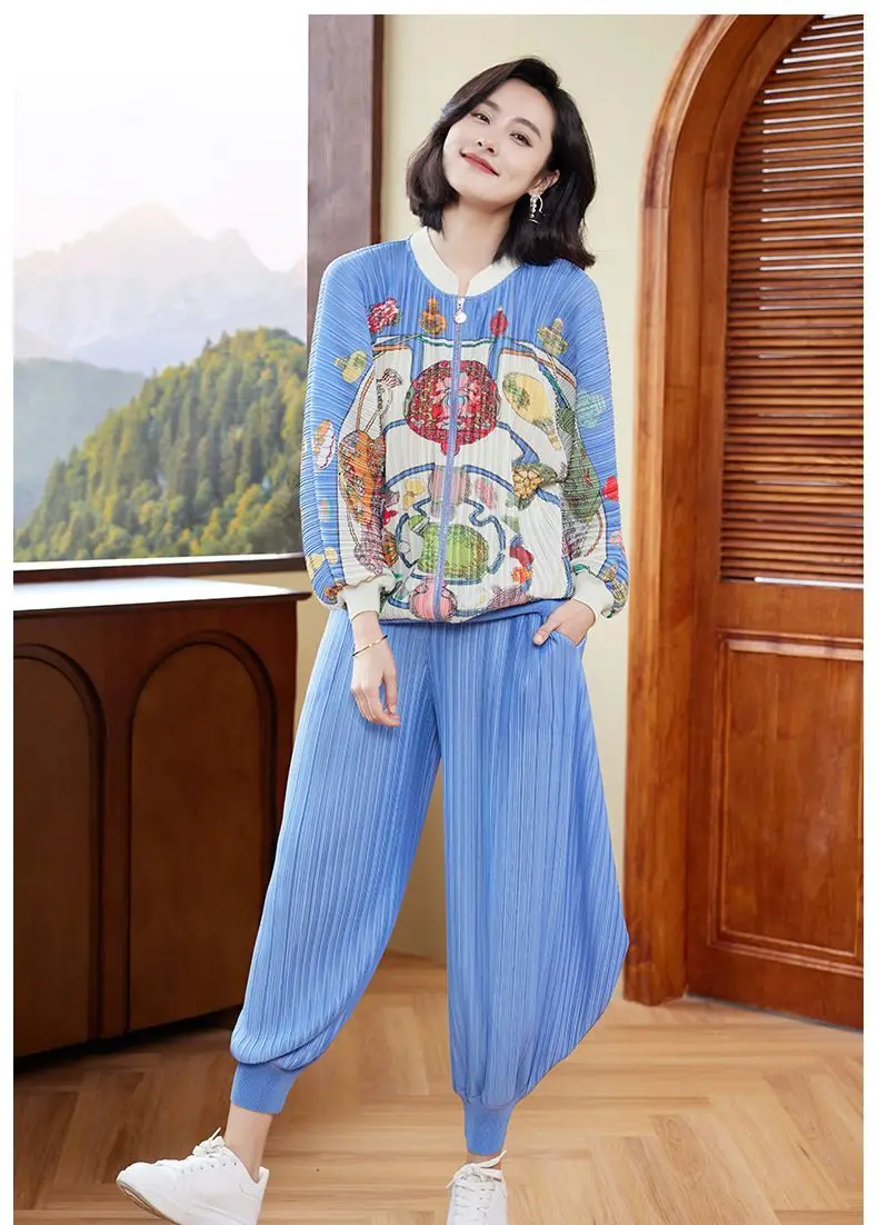 Fashion Pant Sets For Women Spring Casual 2024 Spring Stretch Loose Miyake Pleated 2Pcs Set Printed Zipper Top Solid Color Pants