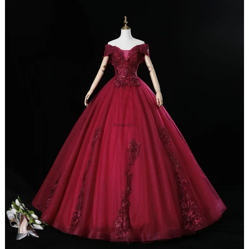 

Платье для выпускного вечера с открытыми плечами, бальное платье для квинсеаньеры, с блестящей тюлевой аппликацией, наряд принцессы для дня рождения, индивидуальный пошив