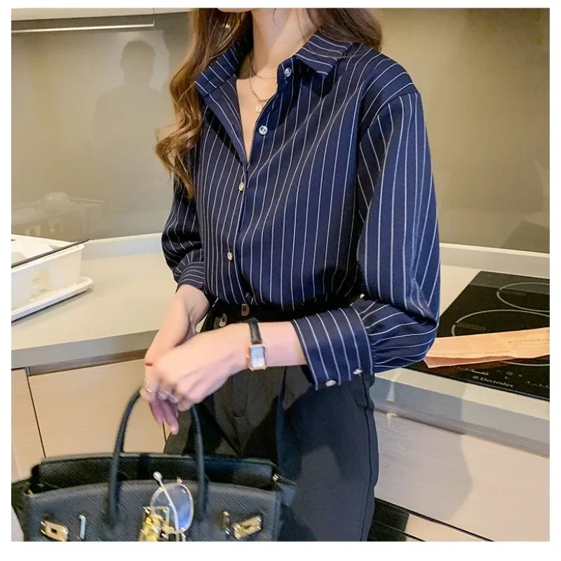 قميص مخطط المرأة الصيف خمر بلوزة فضفاضة أنيقة Y2K مكتب السيدات موضة عادية رفض طوق كل مباراة بلوزة بلاراوس