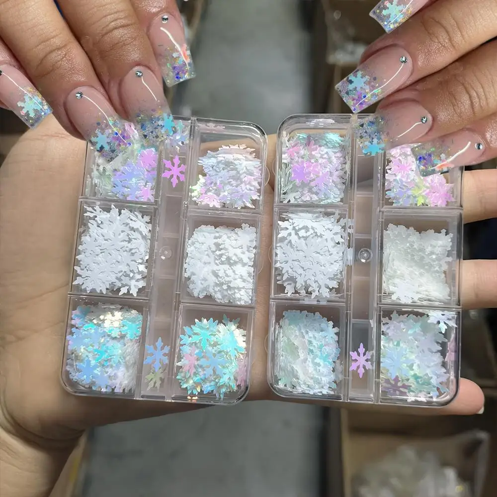 6/12 grades coloridas flocos de neve de natal lantejoulas aurora flocos de neve de natal inverno lantejoulas diy decoração da arte do prego