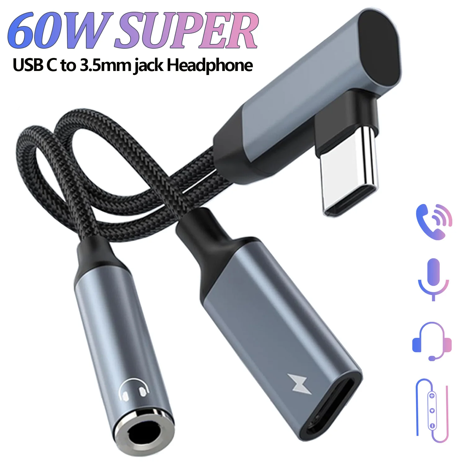 2 IN 1 OTG Elbow USB Type C to 3.5 mm AUX Jack Audio Headphone Adapter Splitter 60W Fast Charging for Samsung Xiaomi iPhone 15