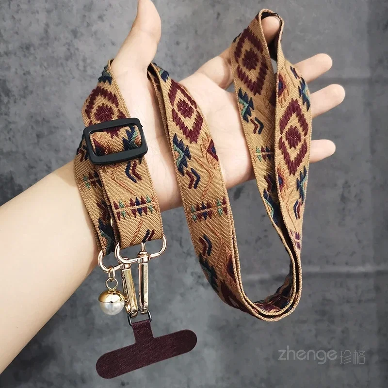 Lange Crossbody Kan Schouder Hanger Retro Totem Patroon Hanger Parel Hanger Mobiele Telefoon Shell Universeel Touw Sleutelhanger