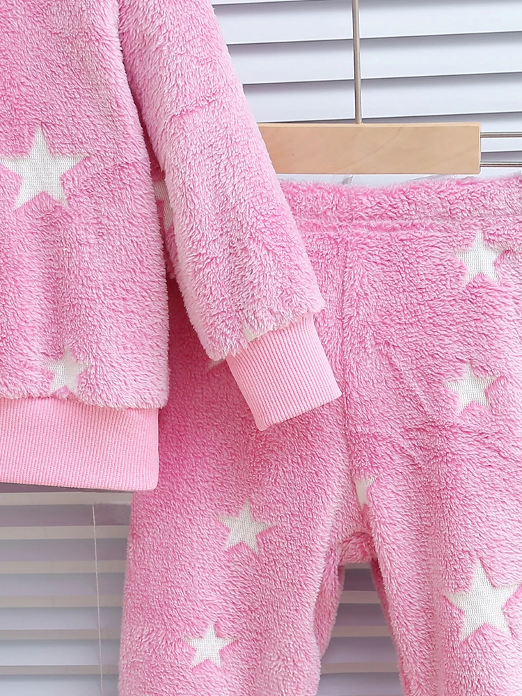 2pcs baby girl autumn and winter night glow star pattern plush thick long sleeved top and pants Chid Accessories